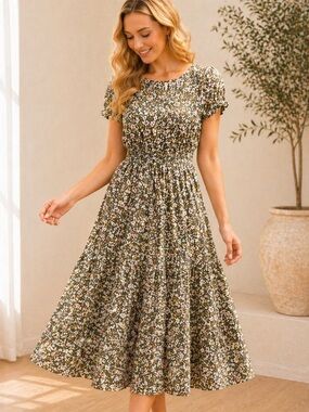 Grecerelle Floral Boho Midi Dress – Size XL - Flowy - Elastic Waist